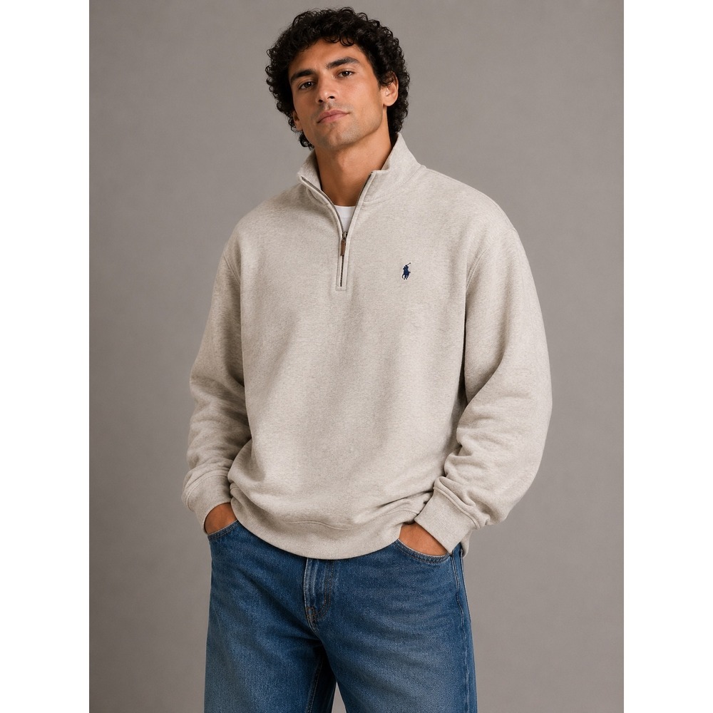 Polo Ralph Lauren Mens XL Quarter Zip Pullover Tan Cotton Sweater Heather Logo